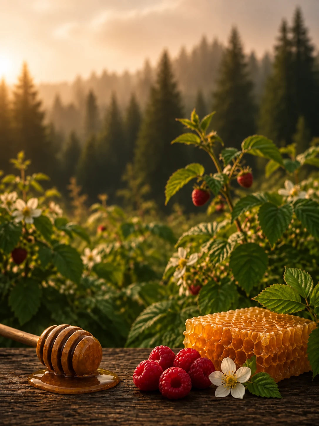 Raspberry floral scene