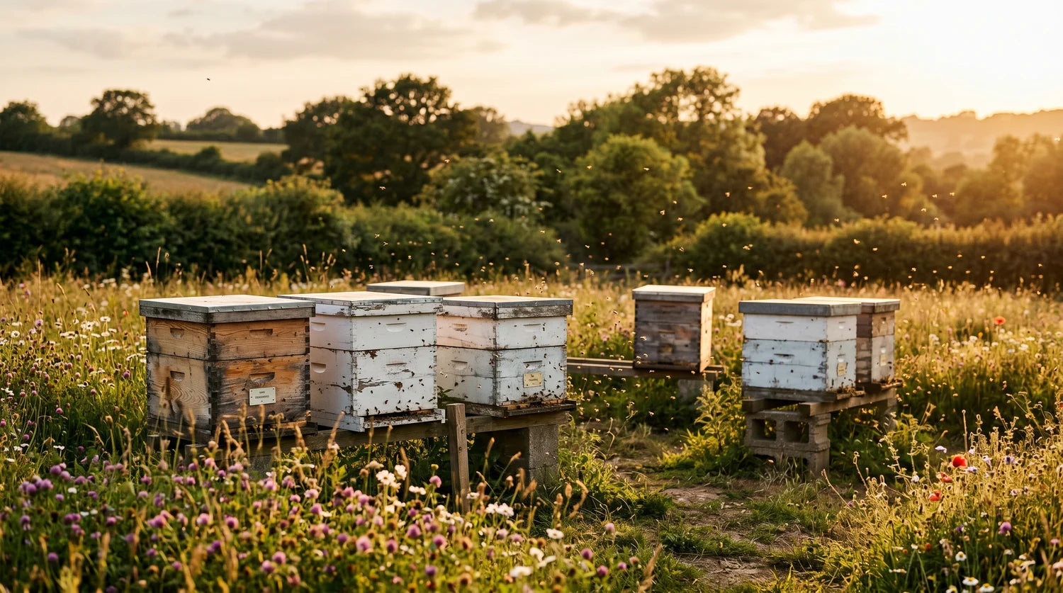 Beehives in a field